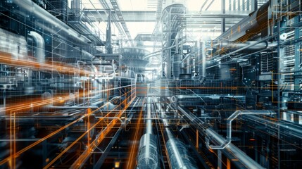 Fototapeta premium Abstract representation of industrial automation with digital controls and robotic systems, showcasing efficiency and innovation in engineering.
