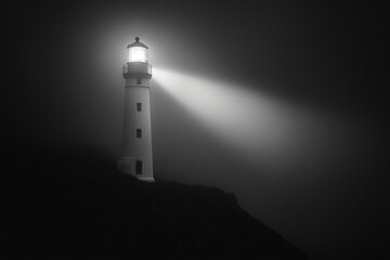 A white lighthouse beam cutting through a dark, foggy night.  © grey