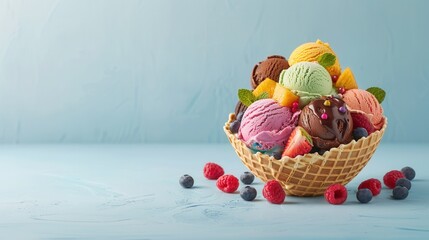 scoops fruit ice cream with chocolate glaze and colorful toppings in waffle cone bowl