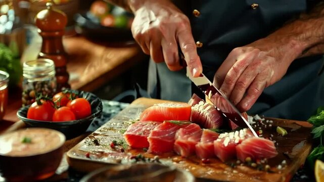 Culinary master crafting a gourmet dish with fresh tuna, illustrating creativity and innovation in culinary arts.