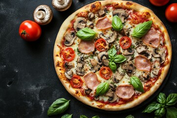 A delicious homemade pizza topped with fresh basil, tomatoes, mushrooms, and slices of ham, perfect...