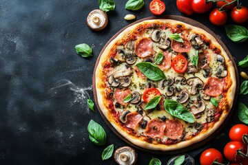 A delicious homemade pizza topped with fresh basil, tomatoes, mushrooms, and slices of ham, perfect for a casual dinner.