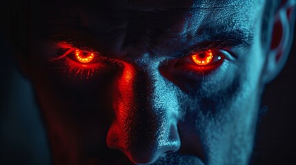 Man with glowing red eyes in dramatic lighting, expressing intensity and emotion at night