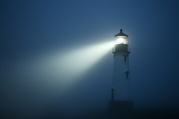 A white lighthouse beam cutting through a dark, foggy night.  © grey