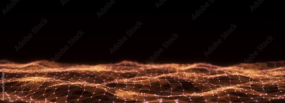 Poster Digital technology wave. Dark cyberspace with motion dots and lines. Futuristic digital background. Big data analytics. 3d rendering.