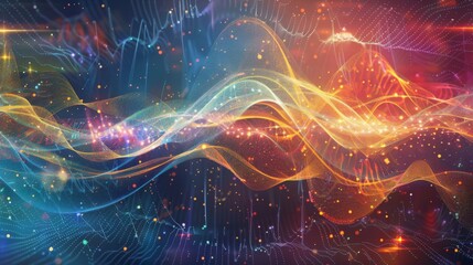 Abstract visualization of electromagnetic fields with colorful waves and patterns, representing the role of physics in electrical engineering.