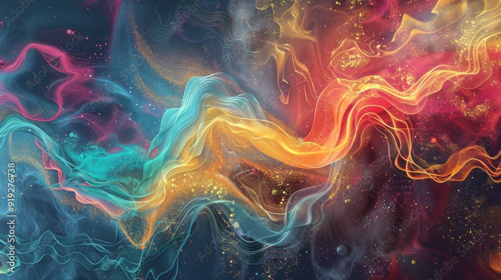 Poster abstract visualization of fluid dynamics with colorful flow patterns and mathematical equations, ill