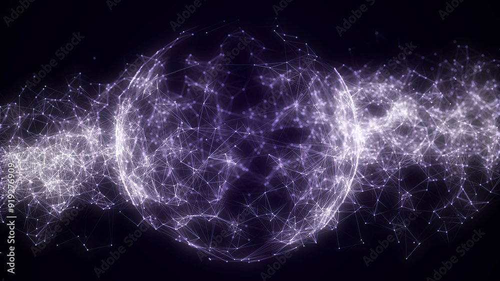 Poster sci-fi sphere with network connection on cyberspace with moving particles. big data visualization. w