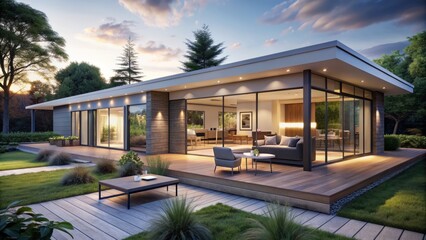 Fototapeta premium Modern 3D floor plan rendering of a luxurious single-story house with open concept living area, large windows, and sleek sliding glass doors to outdoor space.
