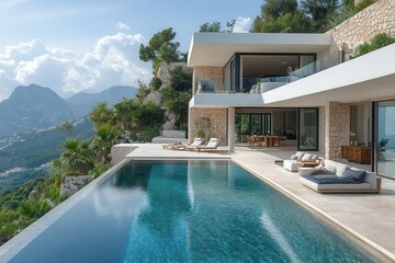 sleek modern villa with infinity pool overlooking breathtaking landscape minimalist architecture blending seamlessly with nature