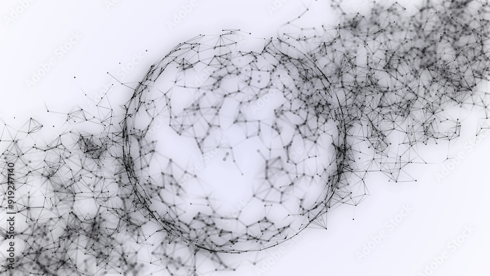 Poster Sci-fi sphere with network connection on cyberspace with moving particles. Big data visualization. Wireframe sphere. Abstract technology background. 3d rendering.