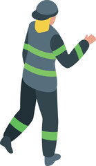 Fototapeta premium Firefighter is walking and pointing while wearing a reflective safety uniform