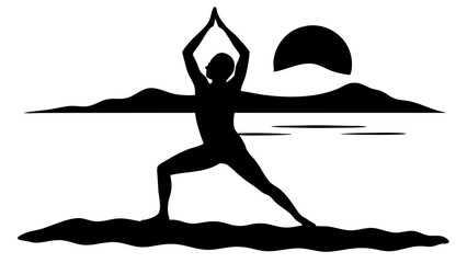 Sunrise Beach Scene with Yoga Pose Silhouette - White Vector Illustration