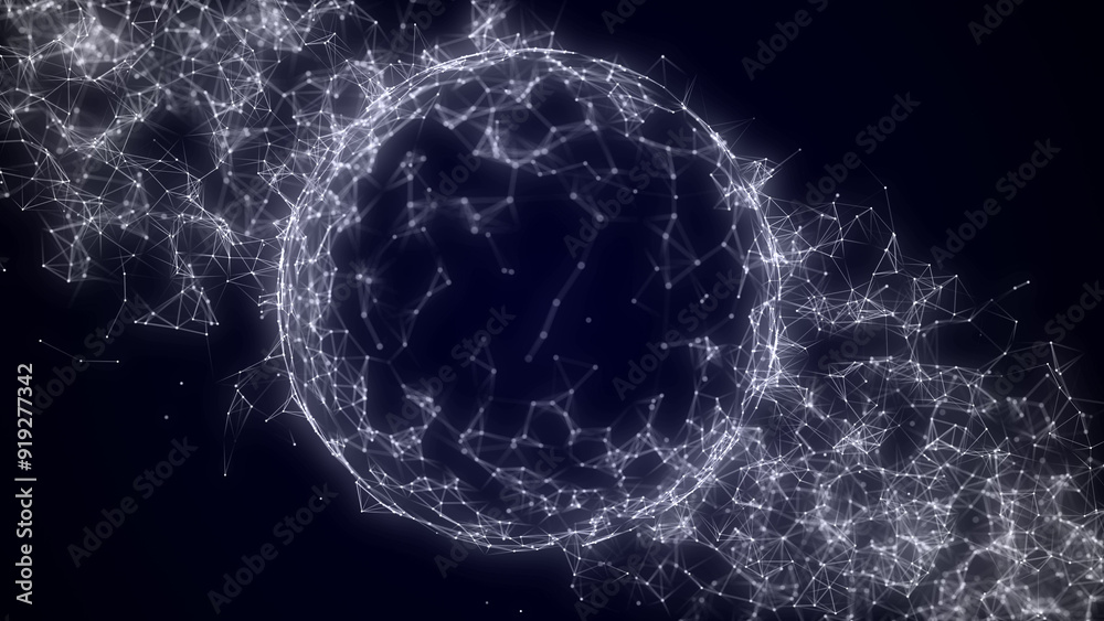 Poster sci-fi sphere with network connection on cyberspace with moving particles. big data visualization. w