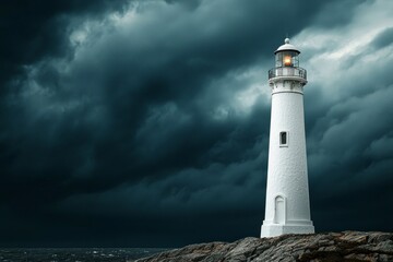 Obraz premium A white lighthouse tower standing against a dark, stormy sky. 