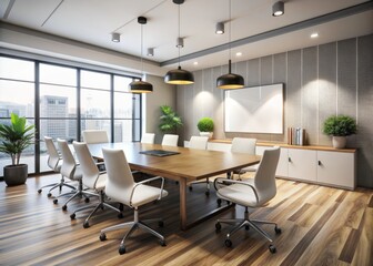 Fototapeta premium Conference room modern design,white empty wall. Modern furnished conference room beautifully designed.Meeting room in office bright stylish design copy space. Business interior concept