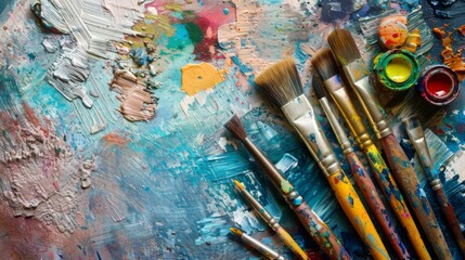 Fototapeta premium Assortment of art supplies, including brushes and paints, spread across a canvas, representing the creative and expressive side of education.