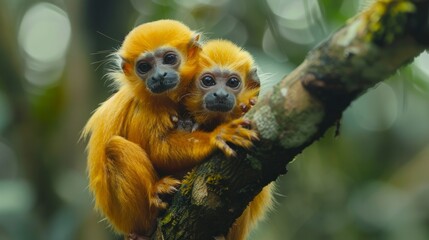 Fototapeta premium Two golden monkey siblings playfully embrace on a branch in a lush rainforest