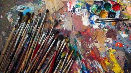 Assortment of art supplies, including brushes and paints, spread across a canvas, representing the creative and expressive side of education.