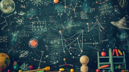 Chalkboard filled with mathematical equations and colorful diagrams, representing the diverse and dynamic nature of educational pursuits.