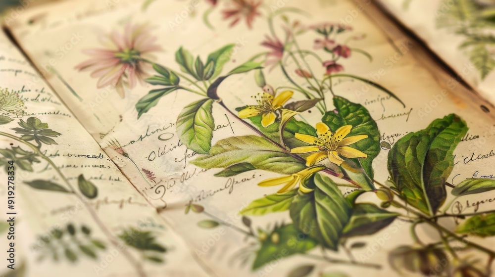 Wall mural Close-up of a detailed botanical illustration with field notes, highlighting the study of plants and ecology in education