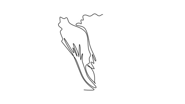 Animated self drawing of continuous line draw of whole healthy organic mustard green leaves for farm logo identity. Fresh brassica juncea concept for vegetable icon. Full length single line animation