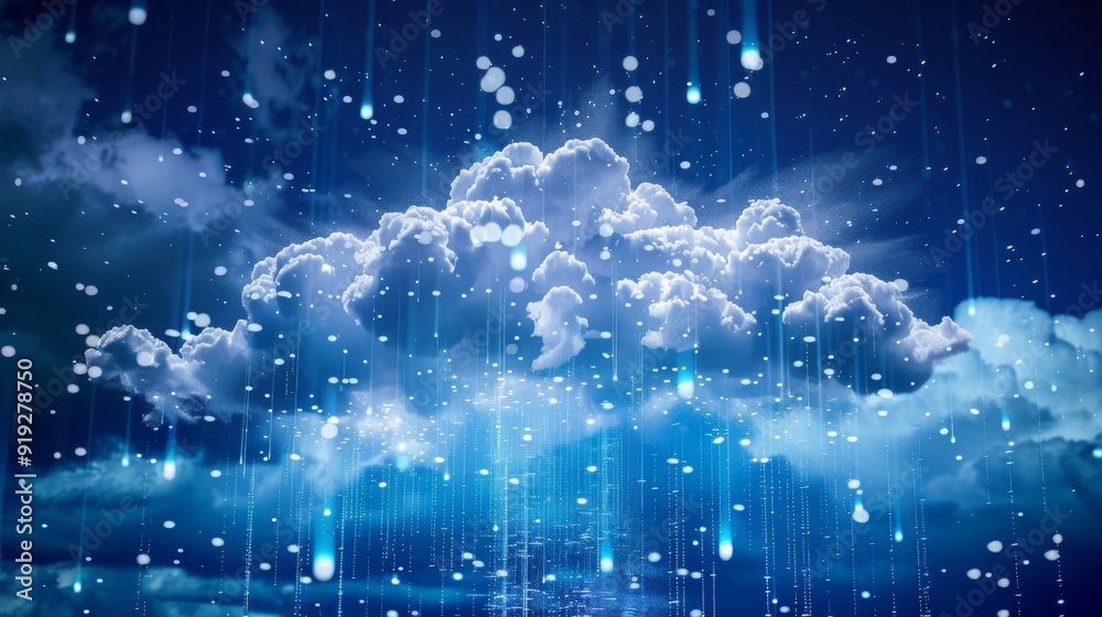 Poster cloud computing concept with digital clouds and binary rain, illustrating data storage, access, and 
