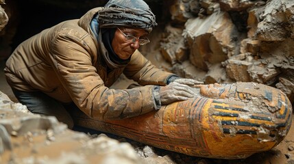 Ancient Egyptian Mummy Discovery - Archaeologist Uncovering Sarcophagus in Historical Excavation Site