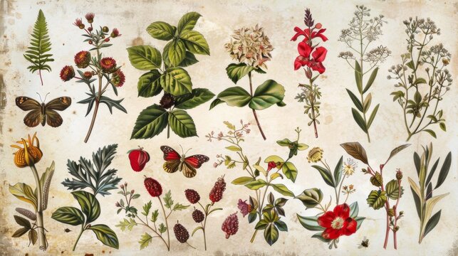 Collection of botanical illustrations and field guides, representing the study of nature and environmental education.