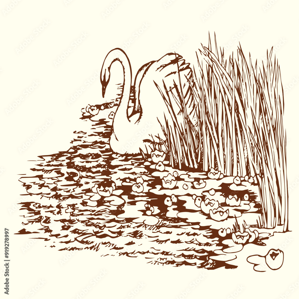 Poster vector drawing. two swans in the park lake.