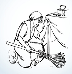 Vector drawing. Woman finds a coin.