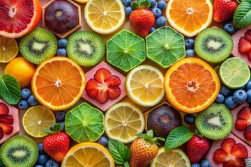 Vibrant strawberries, oranges, kiwis, and grapes overflow from pastel hexagons, triangles, and circles, creating a playful, abstract composition of colorful fruit and geometric shapes.