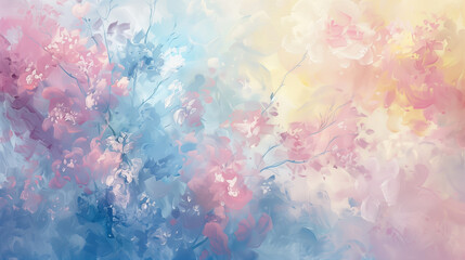 Fototapeta premium Abstract Floral Painting in Soft Pastel Hues of Pink, Blue, and Yellow