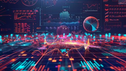 Concept of big data visualization with vibrant, layered charts and graphs, representing complex data analysis and technology-driven insights.