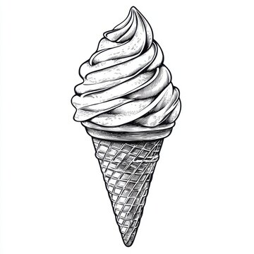 recommend clip art: Black and white Vintage engraved art of a waffle cone with a swirl of vanilla soft-serve, isolated on white background, ink sketch illustration, simple vector art design, highly detailed line art