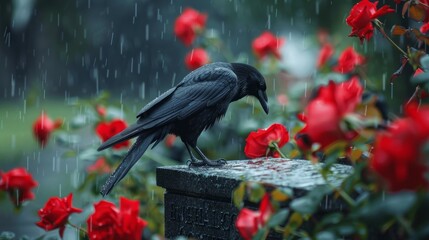 Raven perched on a gravestone surrounded by vibrant red roses during a rainy day