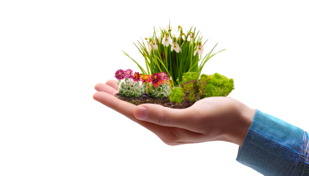 Garden of flowers and plants in the palm of the hand isolated on transparent background.