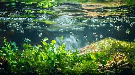 Untouched wetland with clear water, vibrant aquatic plants visible through the surface