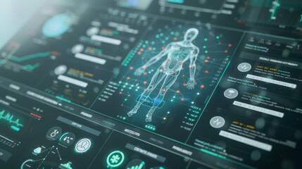 Conceptual design of a digital health dashboard with patient data visualization and predictive analytics, highlighting innovation in healthcare management.