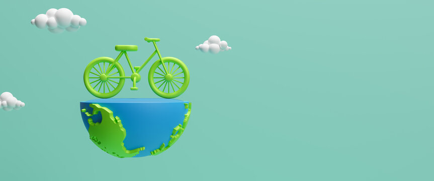 Concept of world bicycle day and car free day, healthy lifestyle, cycling and sports activity in nature, green bicycle and world. Environment preserve, background geometric shape, 3d rendering