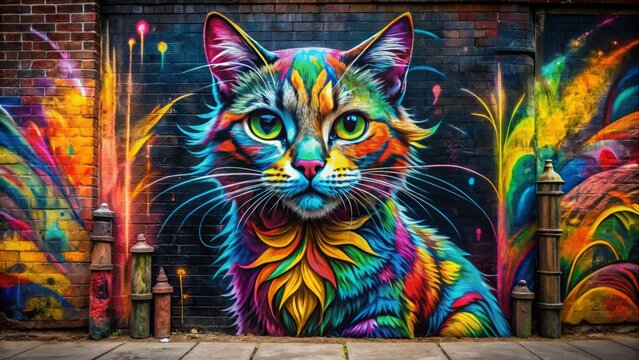 Vibrant abstract graffiti art piece on a wall featuring a stylized standing cat with bold brushstrokes and bright colors against a dark urban background.