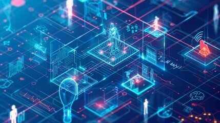 Conceptual image of a digital health ecosystem with integrated services and smart technology, highlighting advancements in healthcare delivery.