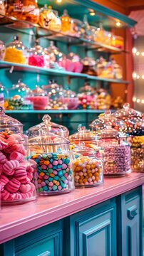 A colorful candy shop counter with glass jars filled to the brim with sweets and candies