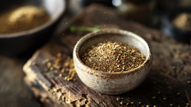 a spice blend being mixed in a small bowl, with ingredients like cumin seeds, coriander seeds, and mustard seeds visible, set on a rustic wooden board