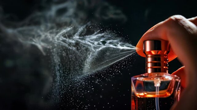 Perfume bottle spraying on dark background