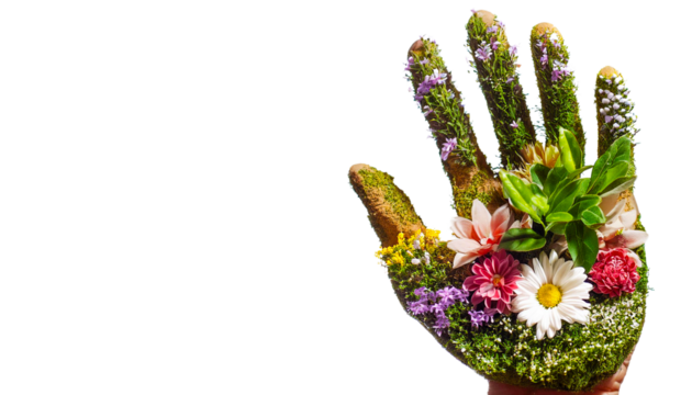 Garden of flowers and plants in the palm of the hand isolated on transparent background.