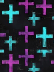 Obraz premium Abstract grunge seamless pattern of blue and pink crosses on a black background.