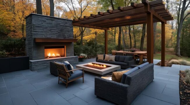 Outdoor patio with modern fireplace, fire pit, seating area, and dining table under a wooden pergola, surrounded by fall foliage and trees.