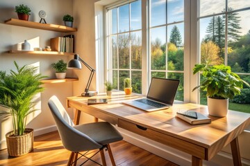 Fototapeta premium Modern corner desk with laptop, papers, and office supplies situated in a cozy home office with a large window and calming natural light background.