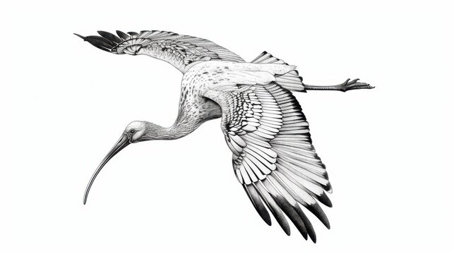 recommend clip art: Black and white Vintage engraved art of an ibis in flight, isolated on white background, ink sketch illustration, simple vector art design, highly detailed line art, high contrasty
